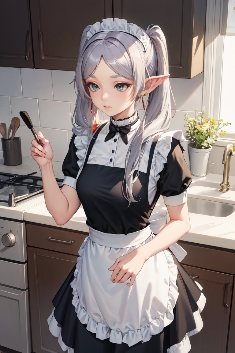 10298-1880744478-masterpiece, best quality, absurdres, perfect anatomy, Frieren, twintails, earrings, maid, maid headdress, maid apron, kitchen,.png